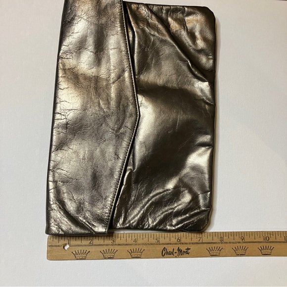 Vintage 80s 90s Pewter Silver Leather Clutch - Picture 8 of 9